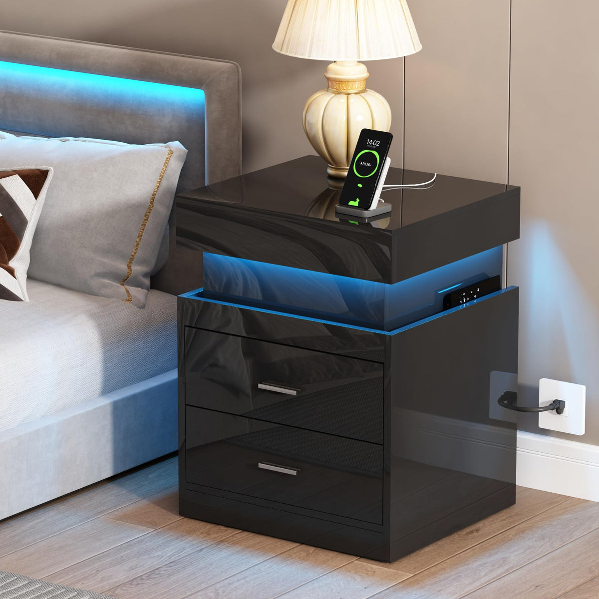 LED Nightstand with Charging Station and Sliding Storage O40762