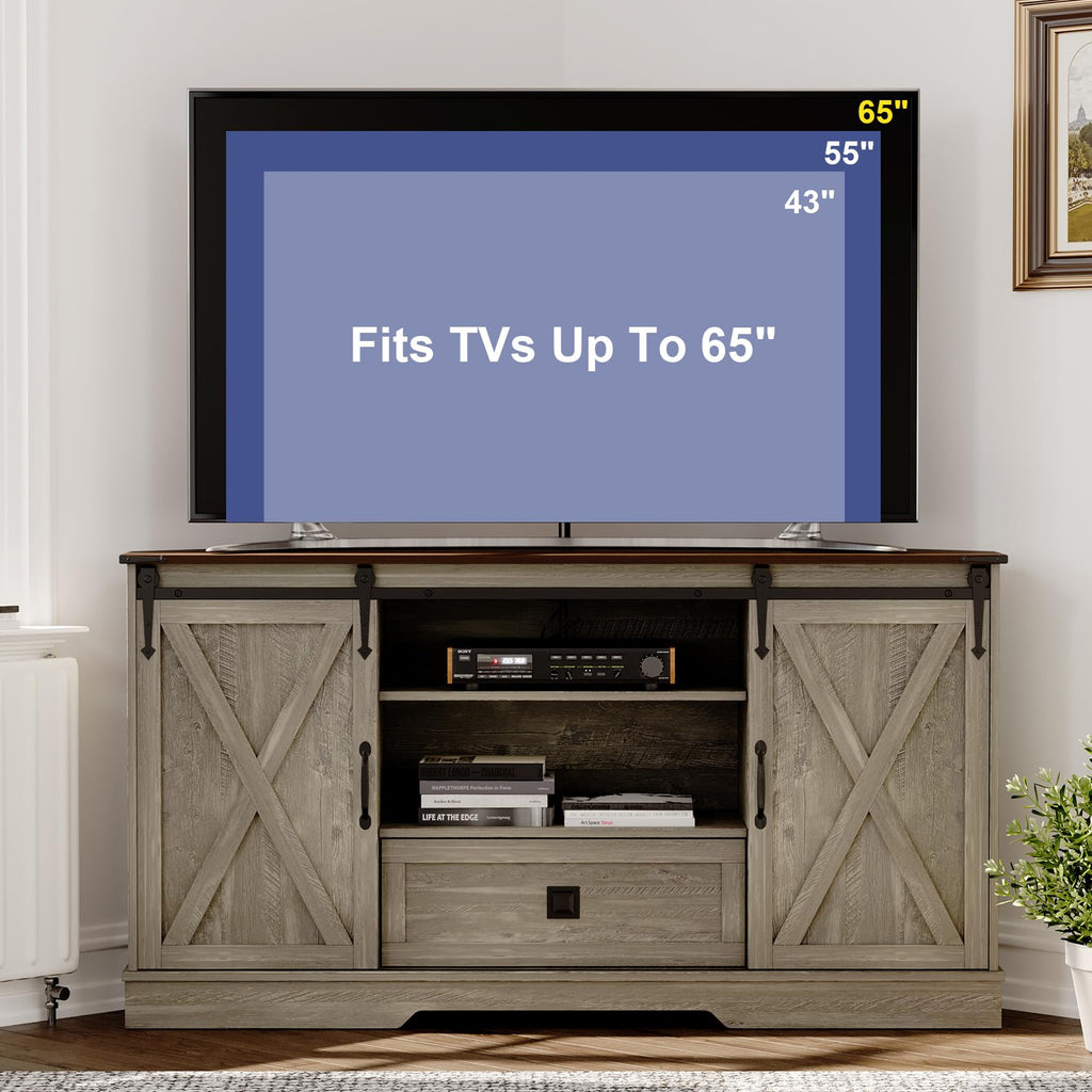 Corner TV Stand with Sliding Barn Door & Removable Shelves M6816