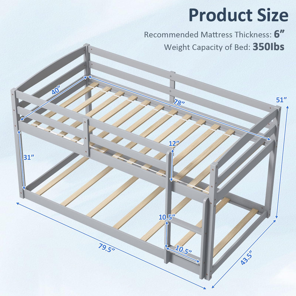Twin Over Twin Solid Wood Low Bunk Bed with Ladder and Guardrails D652