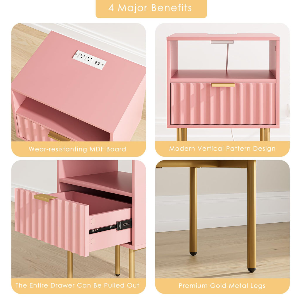 Pink Fluted Nightstand with Charging Station J964
