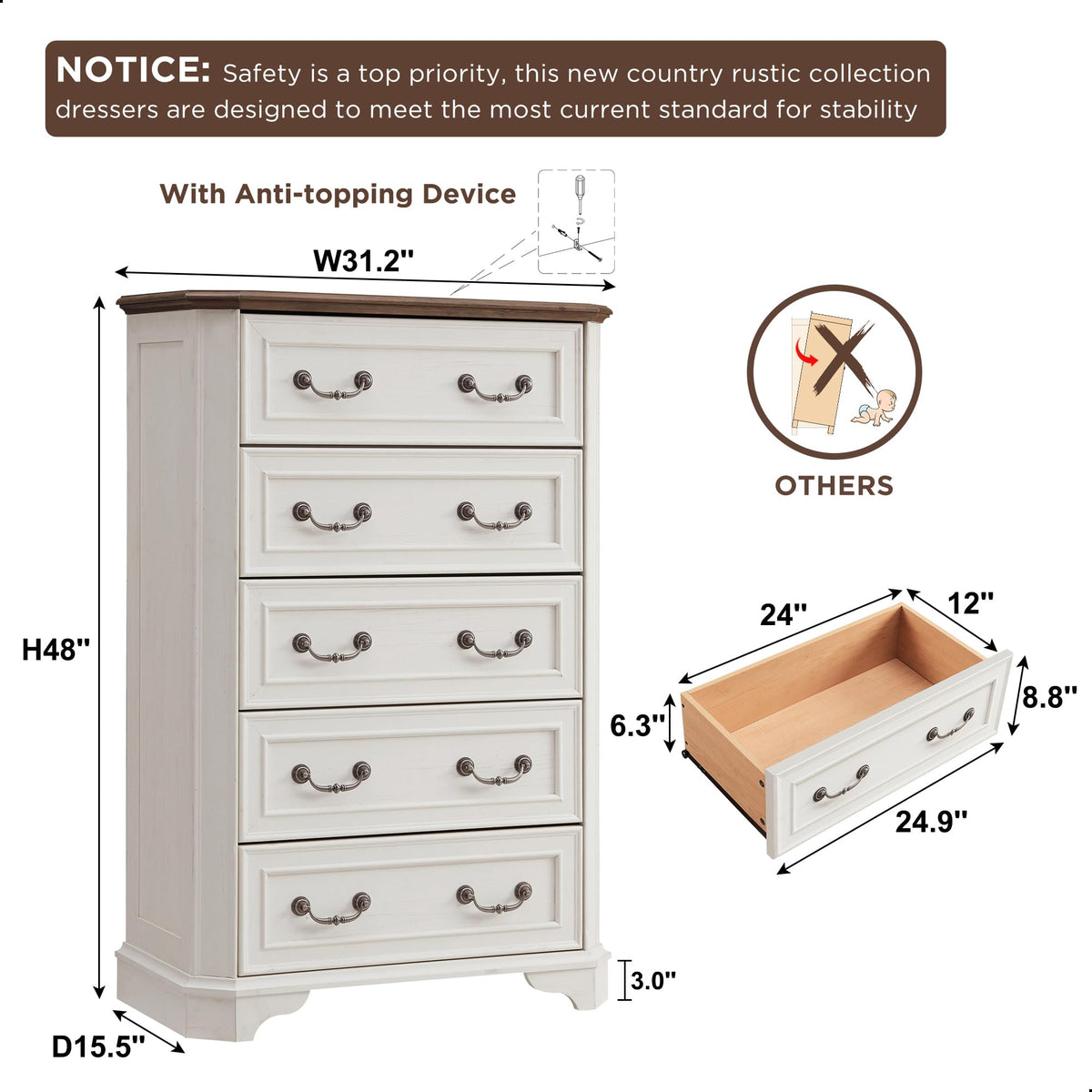 Antique White 5 Drawer Wood Dresser D47913