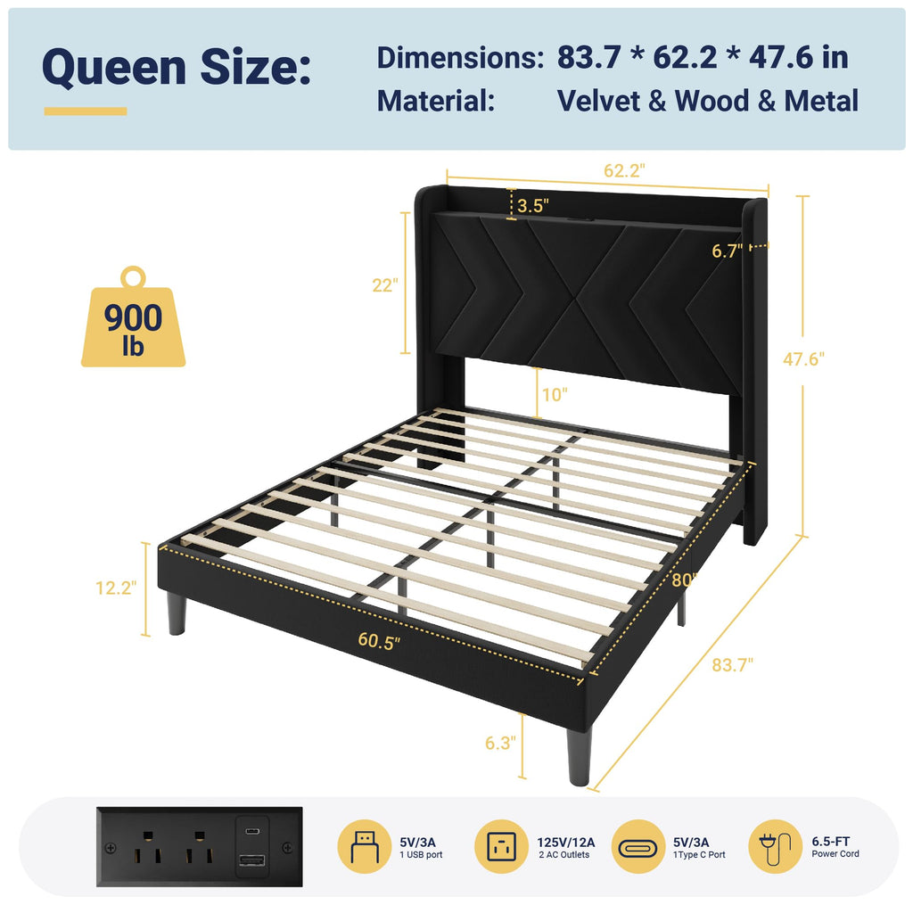 Queen Size Black Velvet Bed Frame with Charging and Shelf O75894