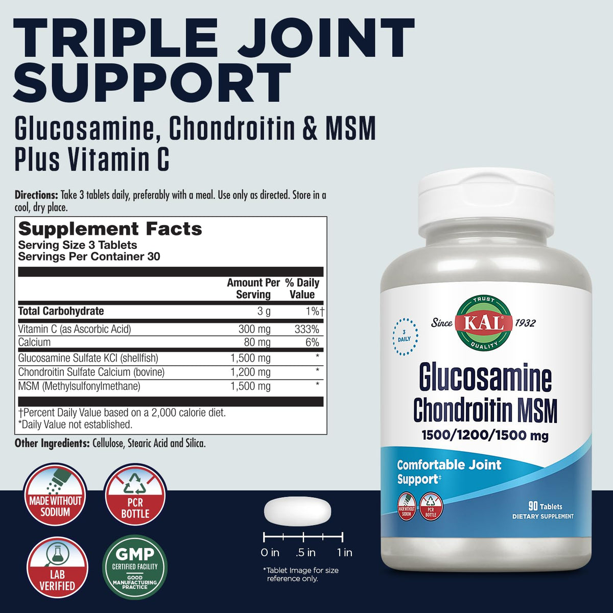 Glucosamine Chondroitin MSM Joint Support Supplement 90 Tablets E262