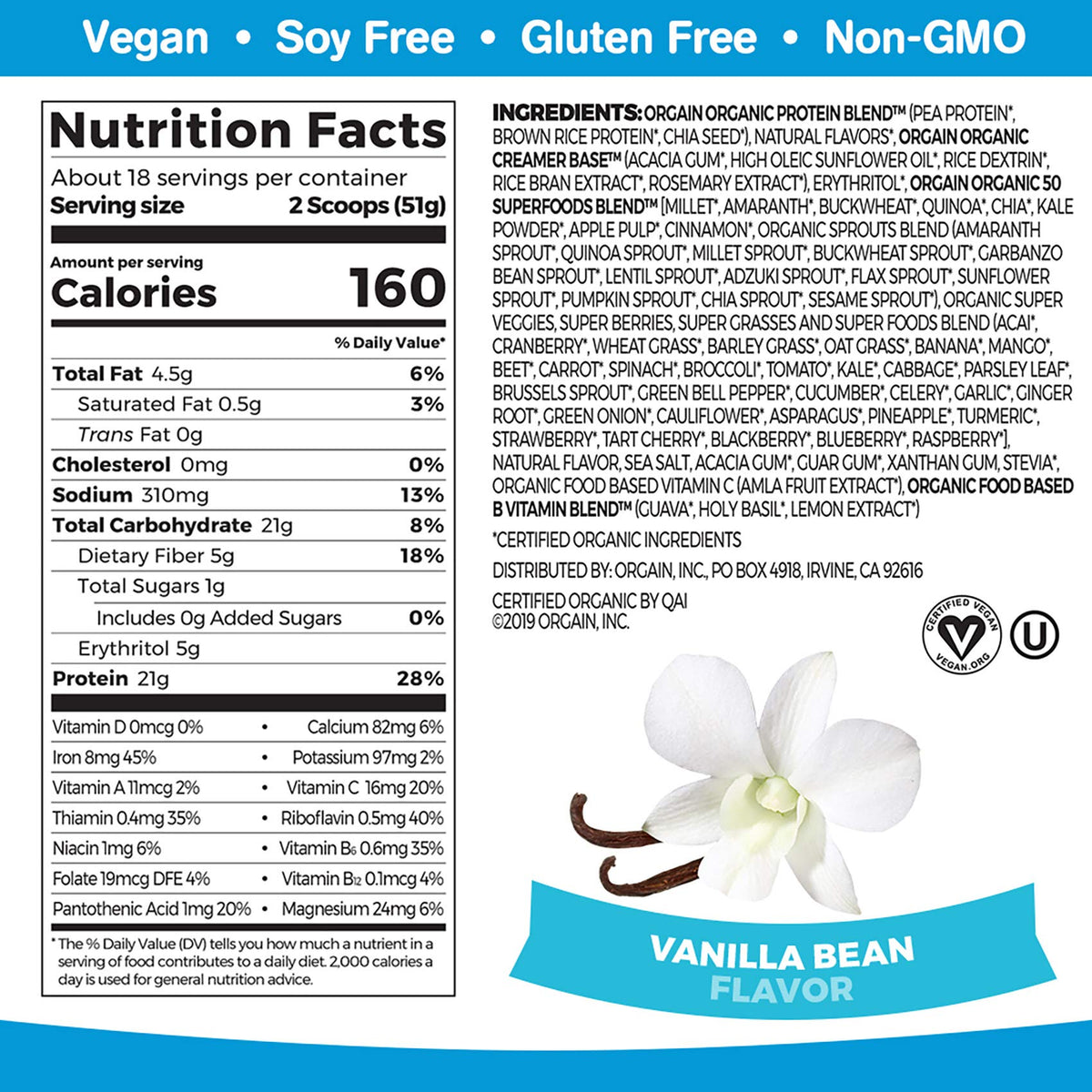 Organic Vegan Protein Powder + Greens, Creamy Chocolate Fudge, Vanilla Bean I6075