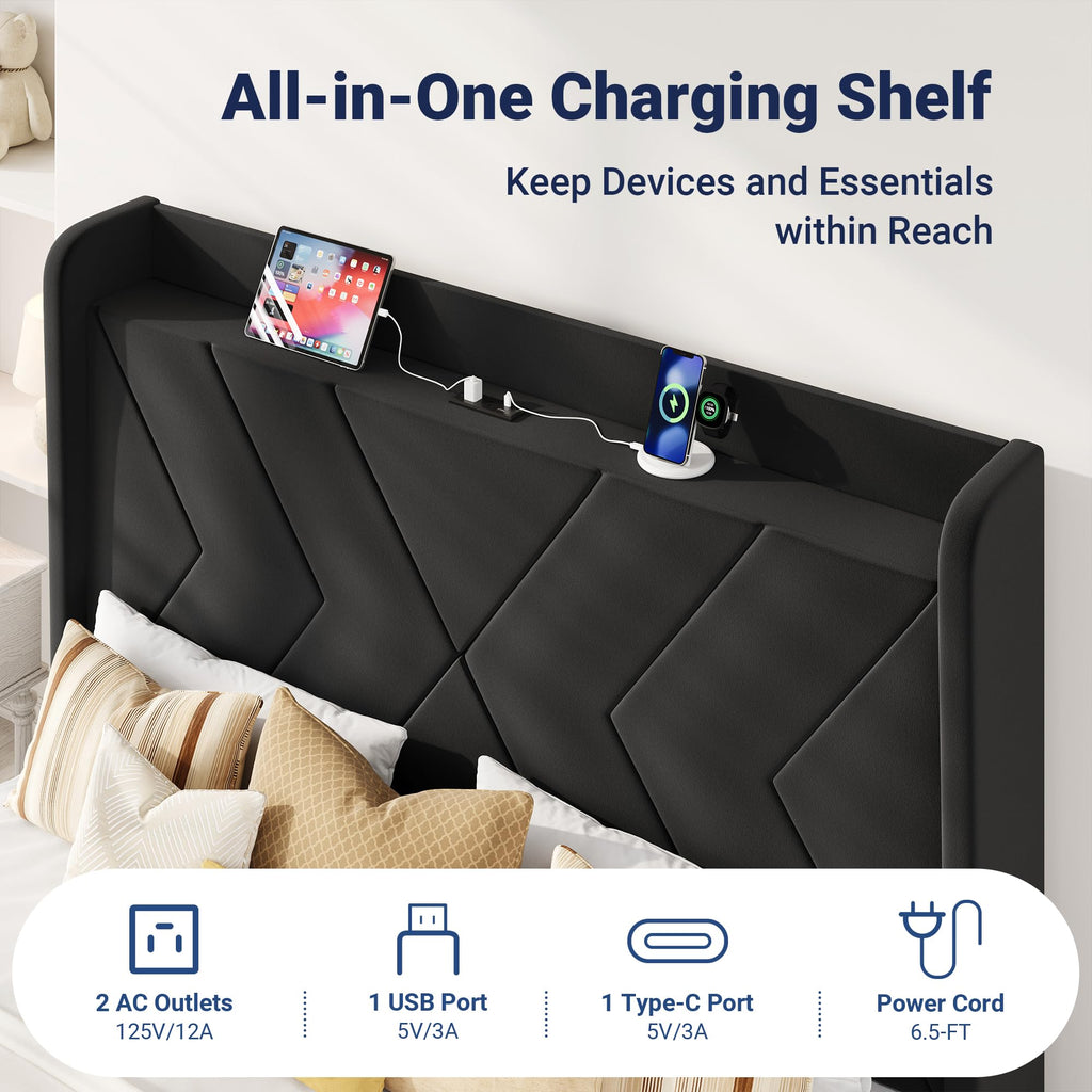 Queen Size Black Velvet Bed Frame with Charging and Shelf O75894