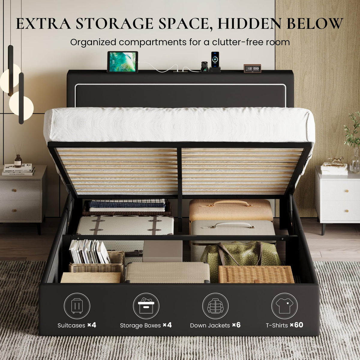 Full Size Lift Up Storage Bed Frame with LED Lights, Black V480069