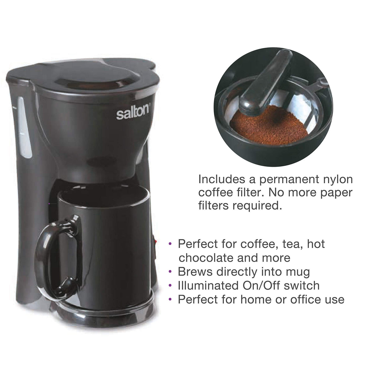 1 Cup Black Mini Drip Coffee Maker with Reusable Mesh Filter J651057