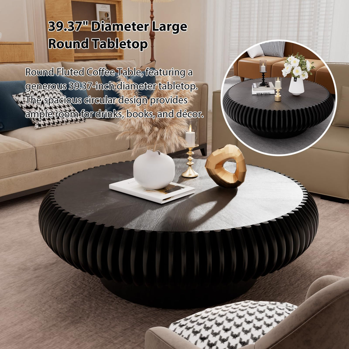 Black Round Fluted Drum Coffee Table V5323