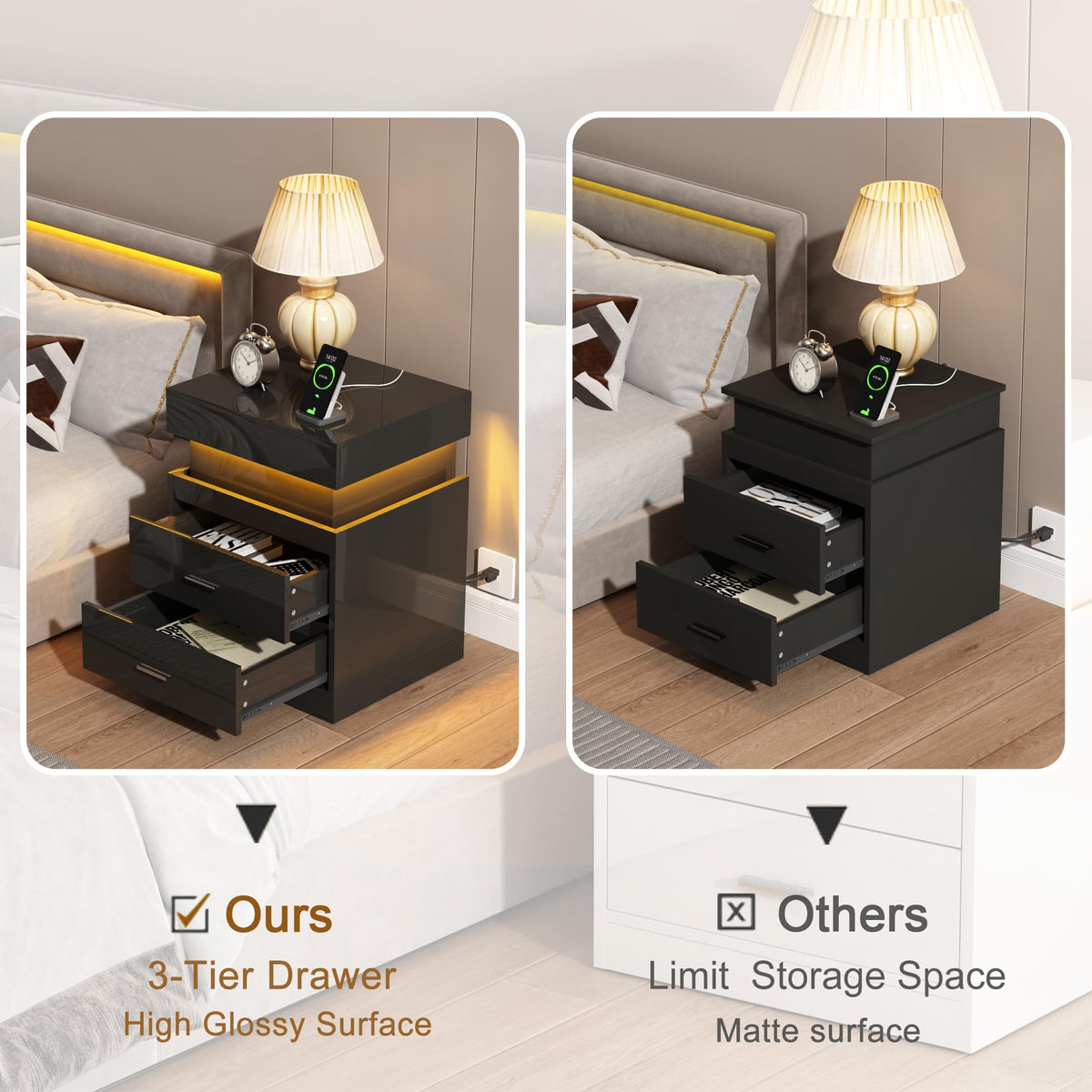 LED Nightstand with Charging Station and Sliding Storage O40762