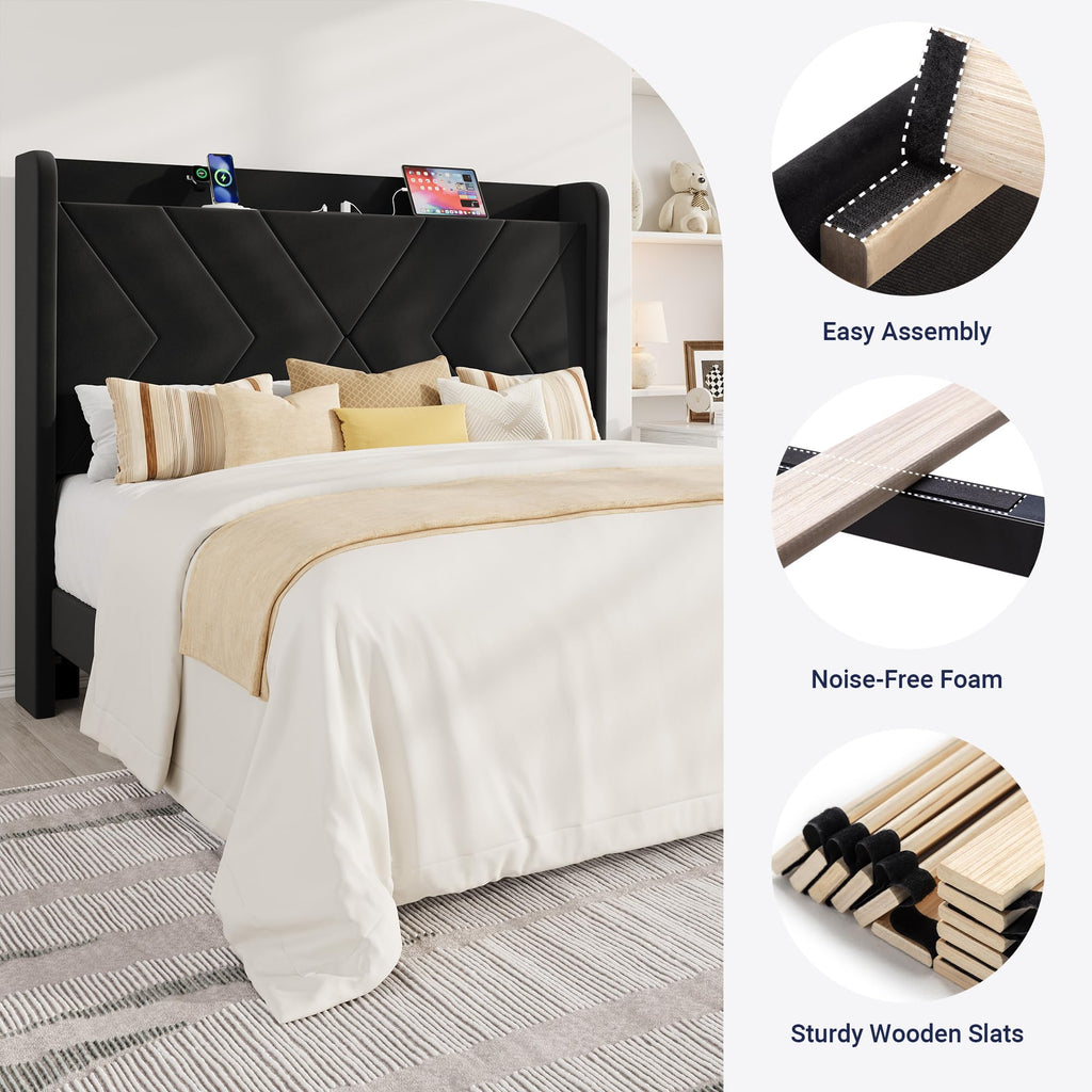Queen Size Black Velvet Bed Frame with Charging and Shelf O75894