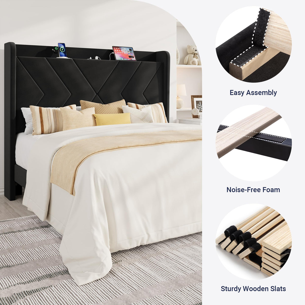 Queen Size Black Velvet Bed Frame with Charging and Shelf O75894