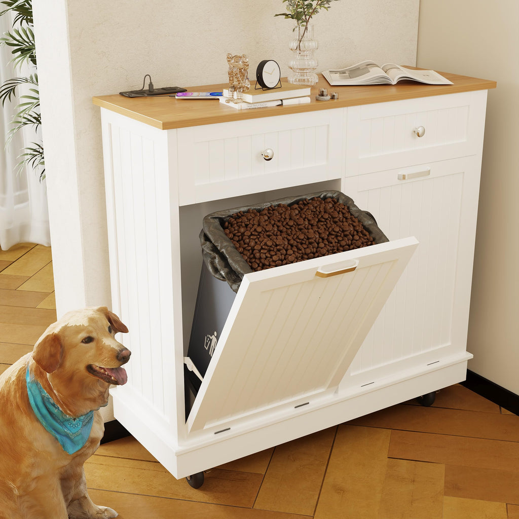 20 Gallon Wooden Tilt-Out Trash Can Cabinet with 2 Drawers, White F29779