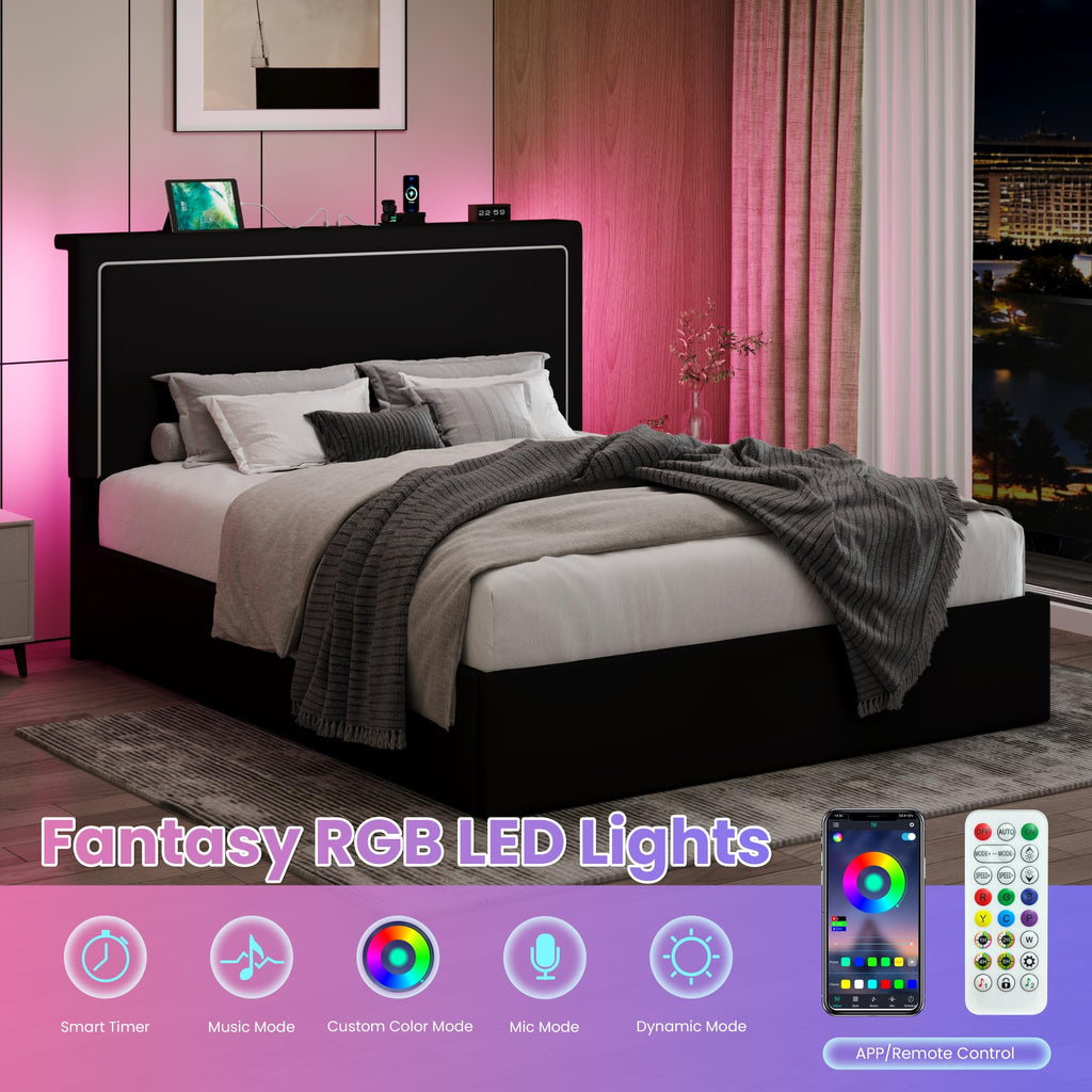 Full Size Lift Up Storage Bed Frame with LED Lights, Black V480069