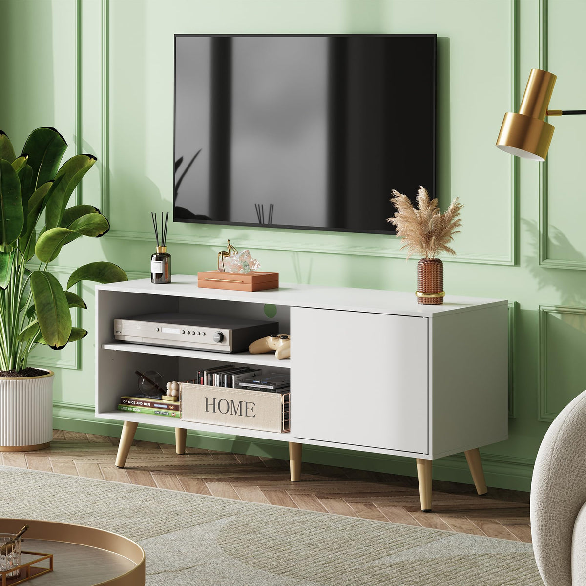 White TV Stand with Storage Cabinet J998