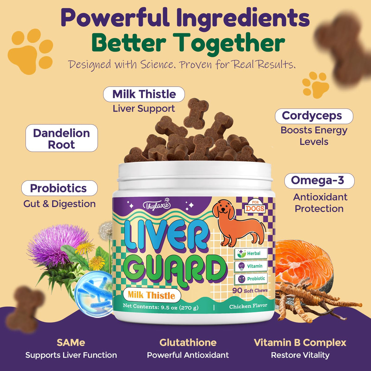 Dog Liver Supplement, Milk Thistle & Same, 5B CFU Probiotics, 90 Soft Chews Z706