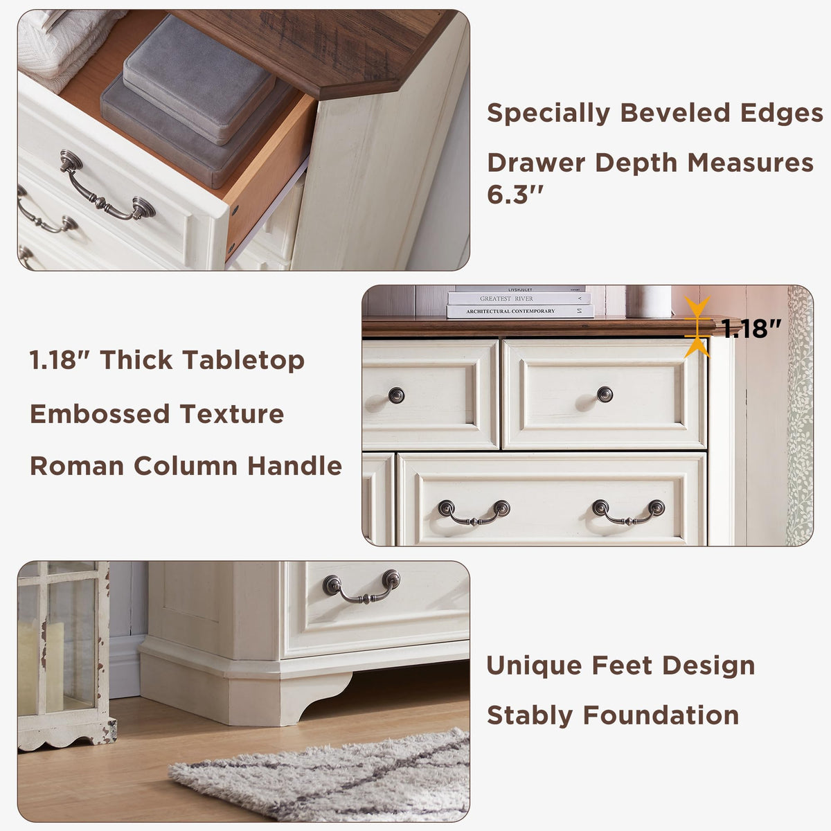 Antique White 5 Drawer Wood Dresser D47913