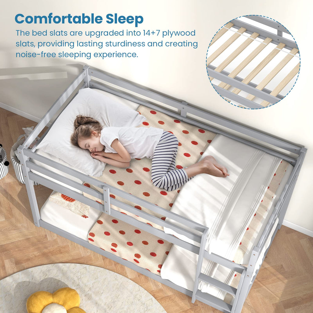 Twin Over Twin Solid Wood Low Bunk Bed with Ladder and Guardrails D652