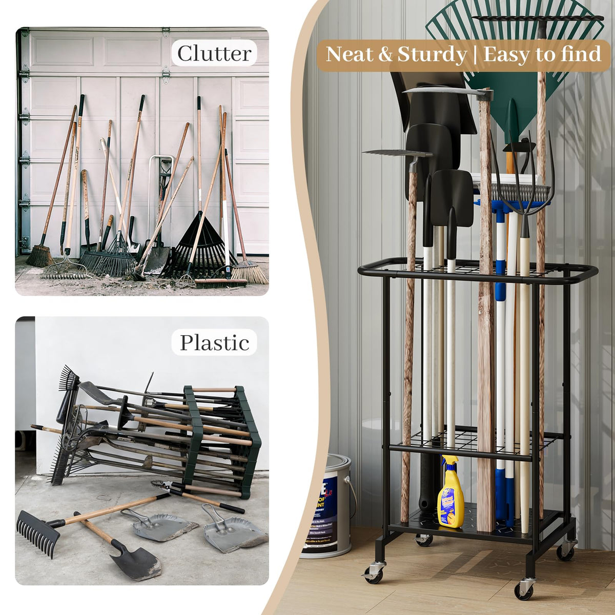 Heavy Duty Metal Garden Tool Organizer with Wheels D214