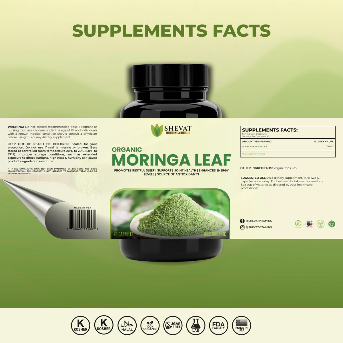 Organic Moringa Leaf Capsules 1000mg 90 Capsules B71317
