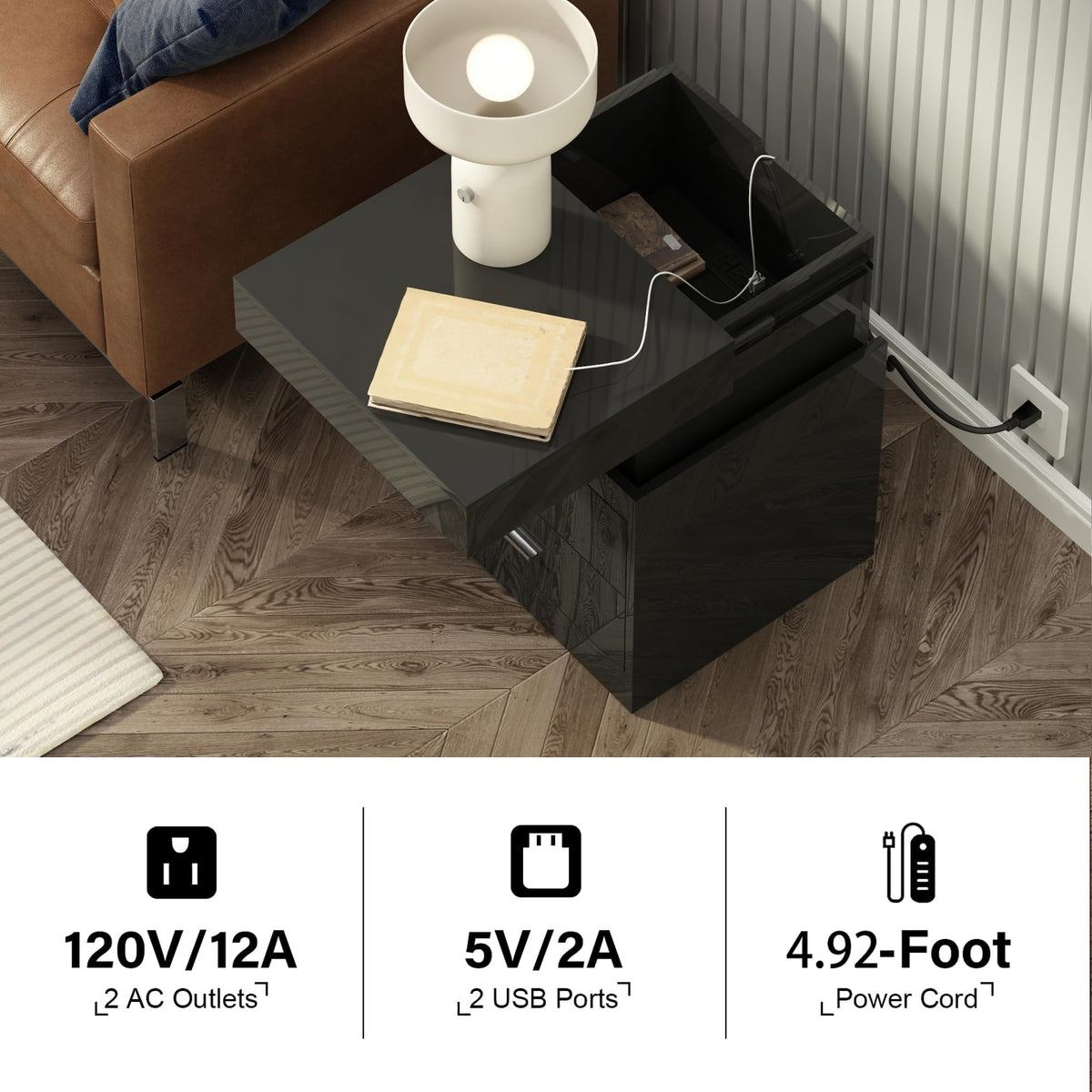 LED Nightstand with Charging Station and Sliding Storage O40762