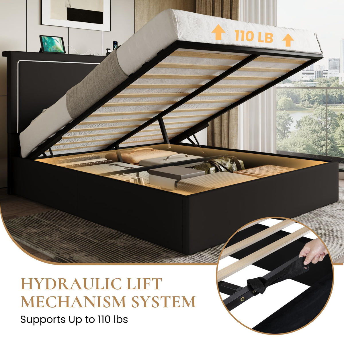 Full Size Lift Up Storage Bed Frame with LED Lights, Black V480069