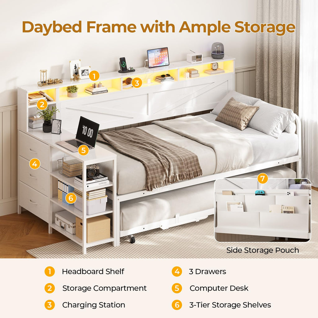 White Wood Daybed with Trundle and 3 Storage Drawers F495