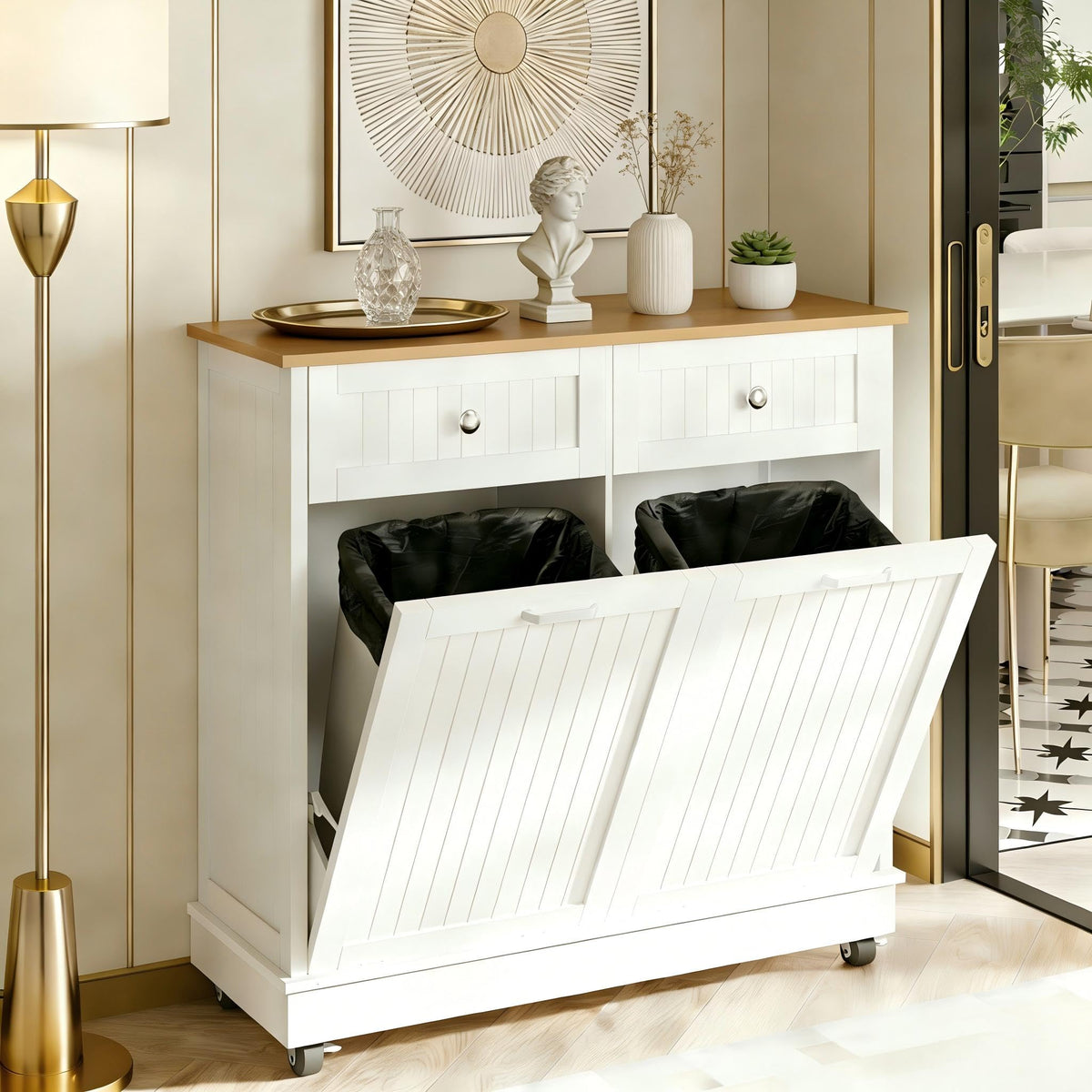 20 Gallon Wooden Tilt-Out Trash Can Cabinet with 2 Drawers, White F29779