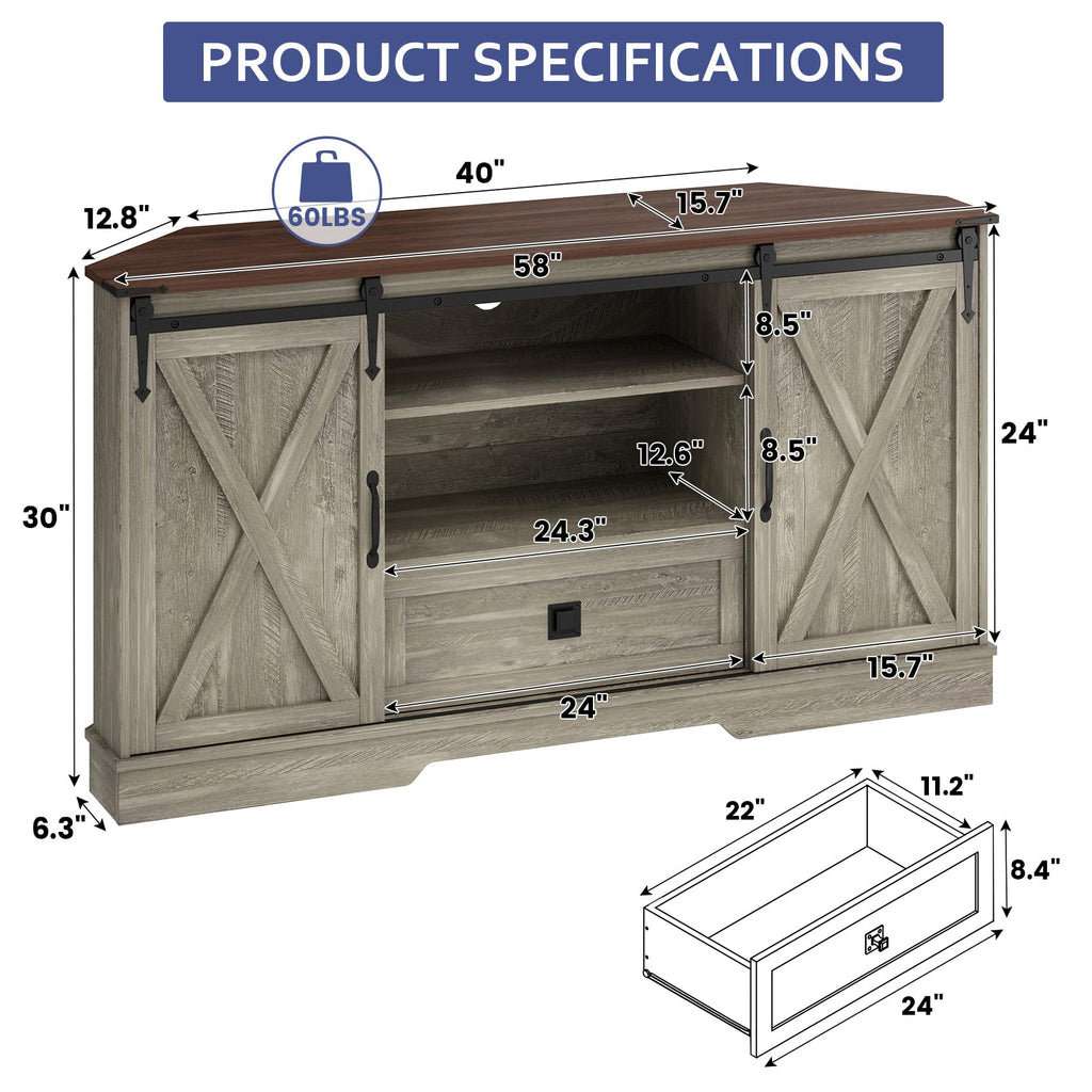 Corner TV Stand with Sliding Barn Door & Removable Shelves M6816