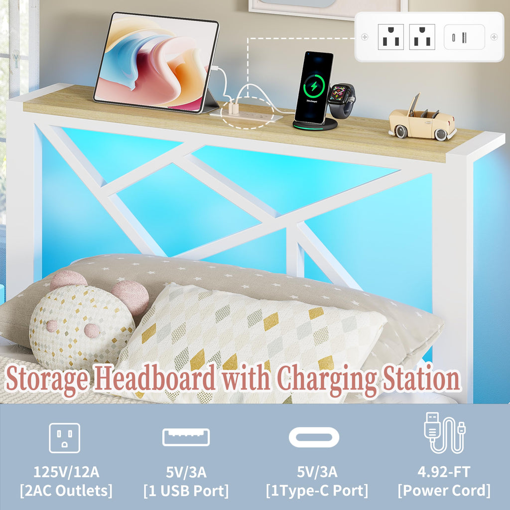 White Twin Metal Bed Frame with USB Charging Station Y39505