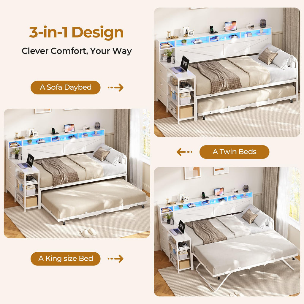 White Wood Daybed with Trundle and 3 Storage Drawers F495