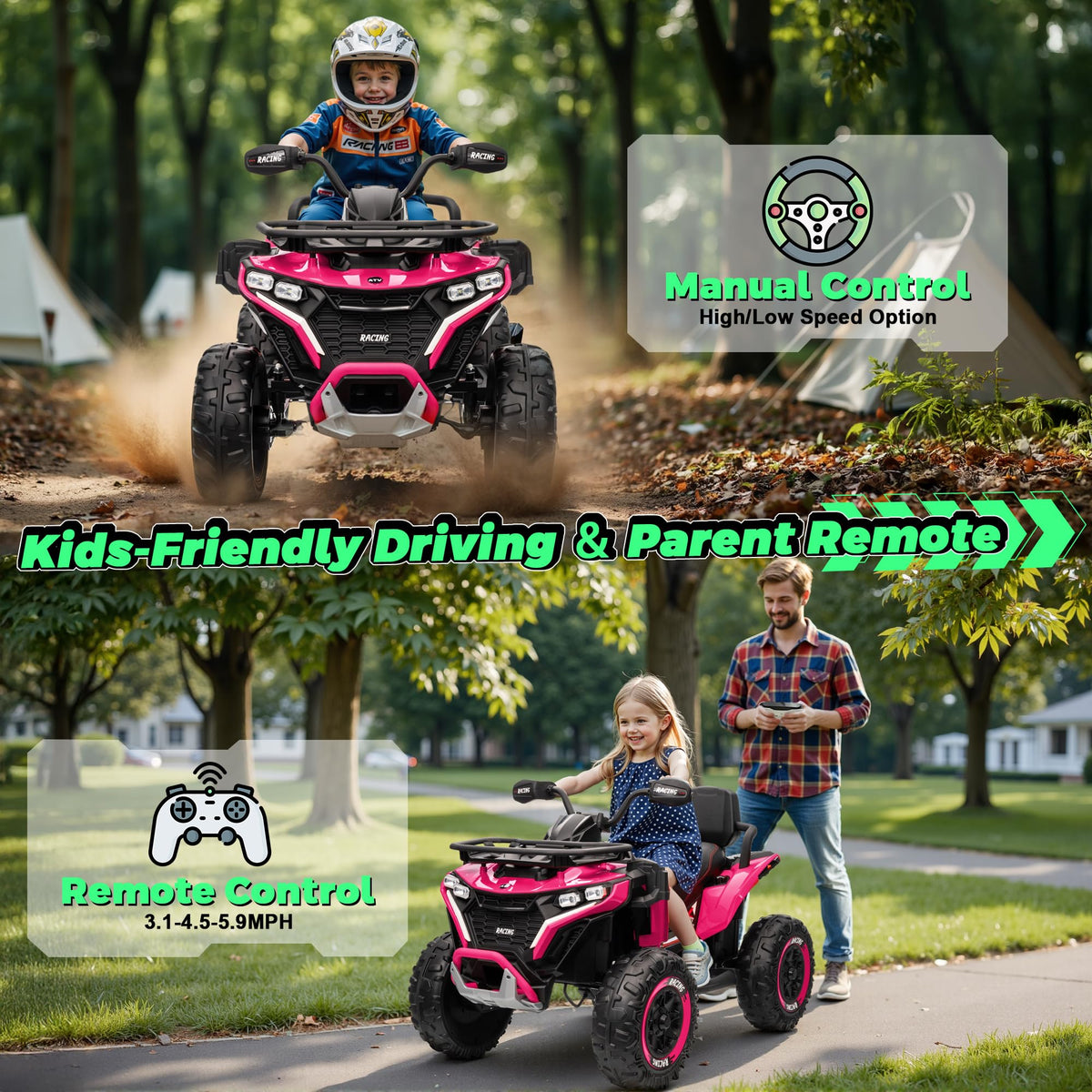 24V Kids ATV Four Wheeler with EVA Tires, 2 Seater, 800W Motors, Remote Control, Pink V47291