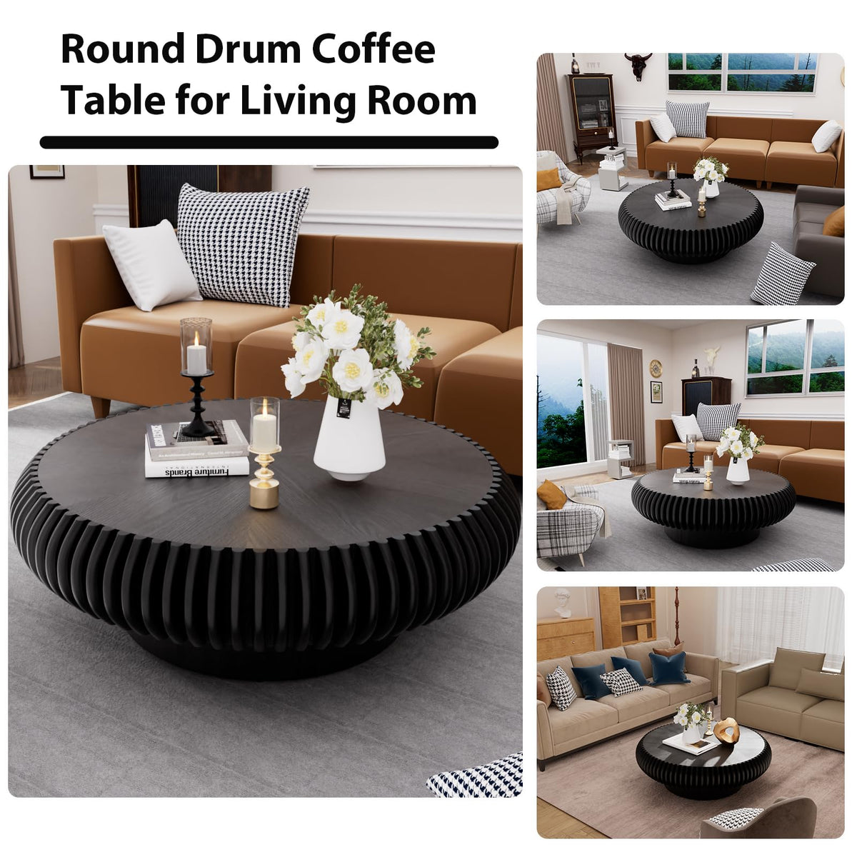 Black Round Fluted Drum Coffee Table V5323
