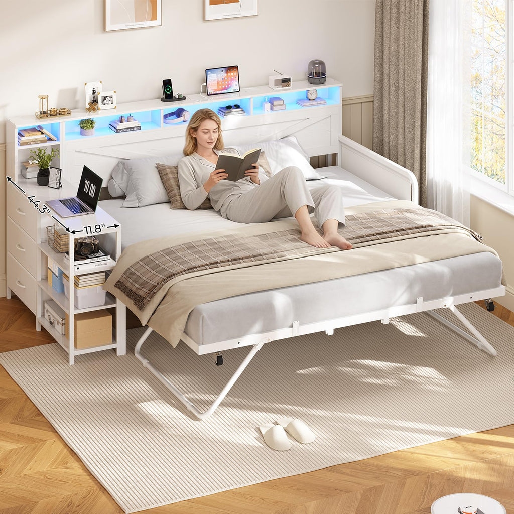White Wood Daybed with Trundle and 3 Storage Drawers F495