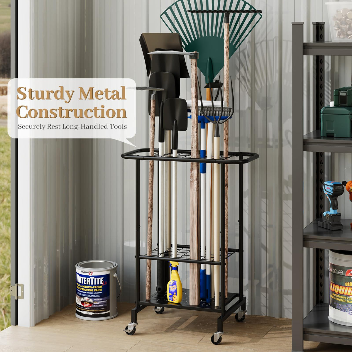 Heavy Duty Metal Garden Tool Organizer with Wheels D214