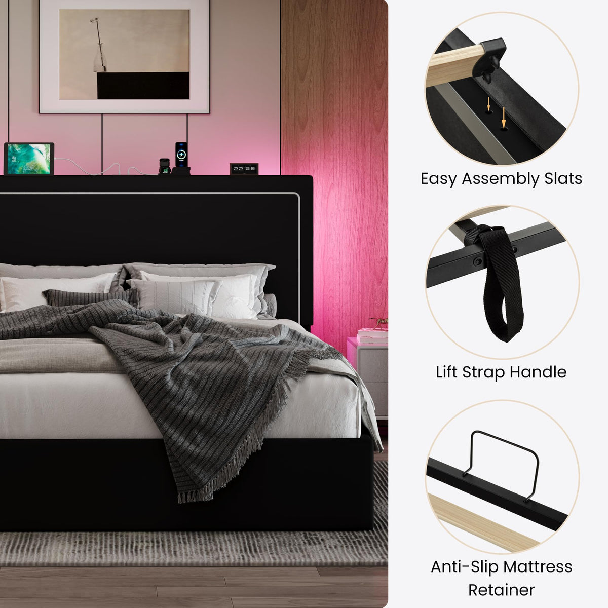 Full Size Lift Up Storage Bed Frame with LED Lights, Black V480069