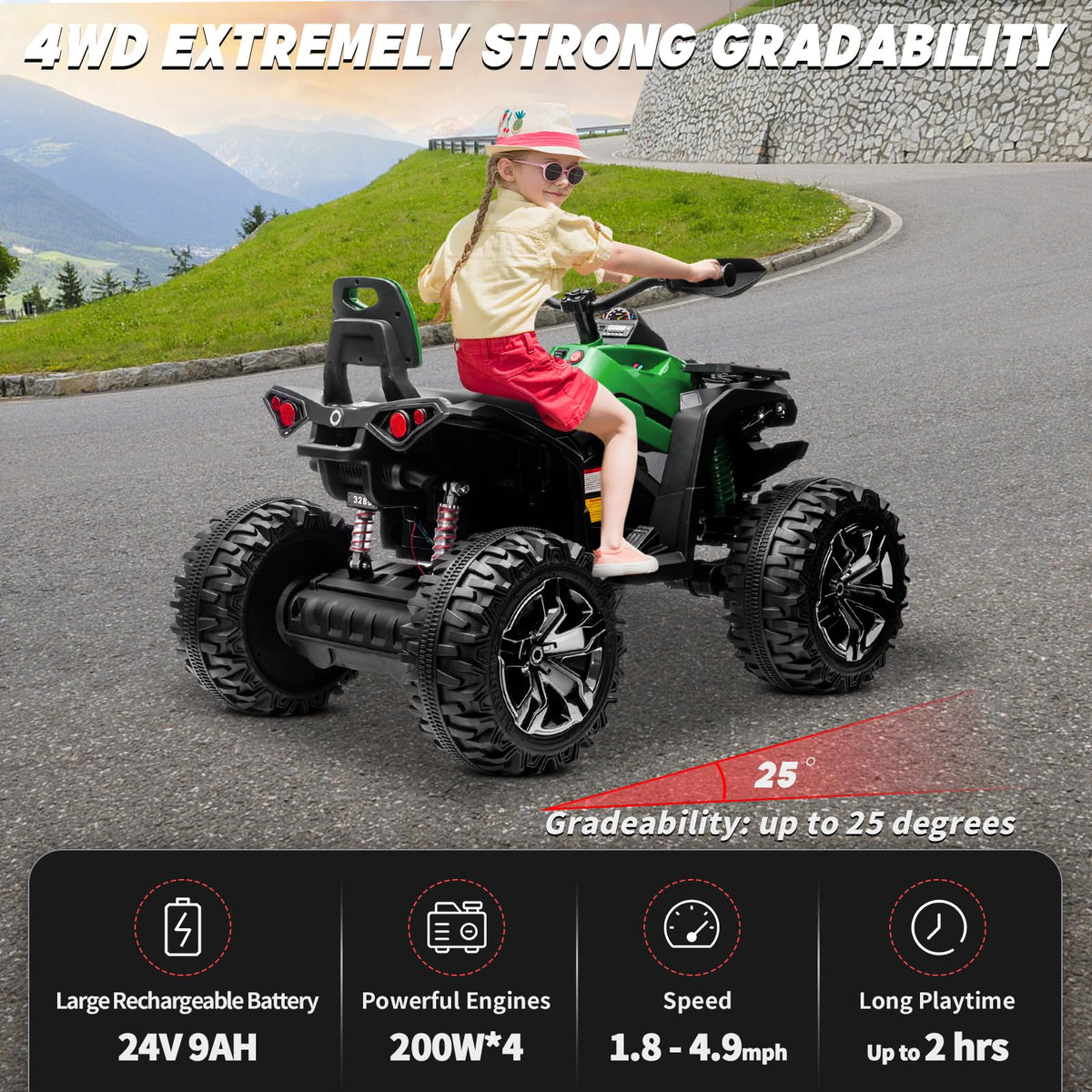 Green 24V 4 Wheeler ATV with Remote Control K454