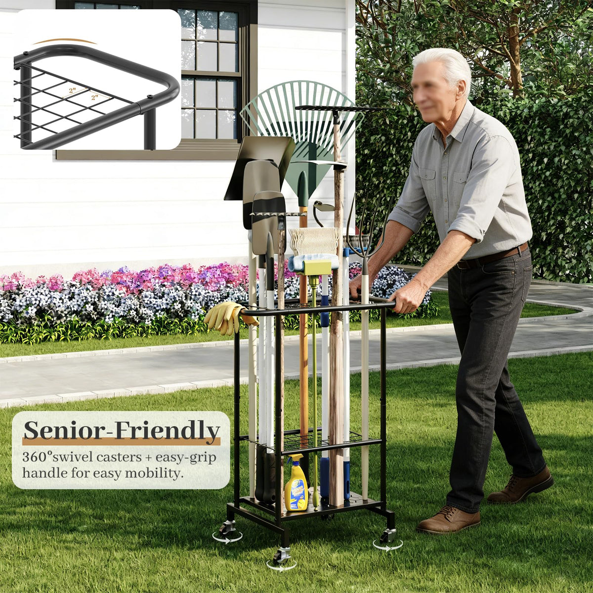 Heavy Duty Metal Garden Tool Organizer with Wheels D214
