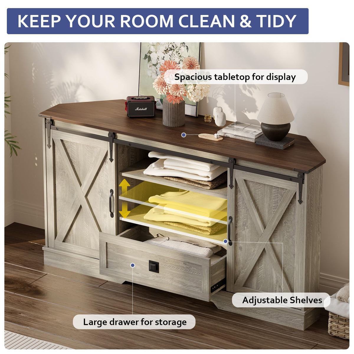 Corner TV Stand with Sliding Barn Door & Removable Shelves M6816