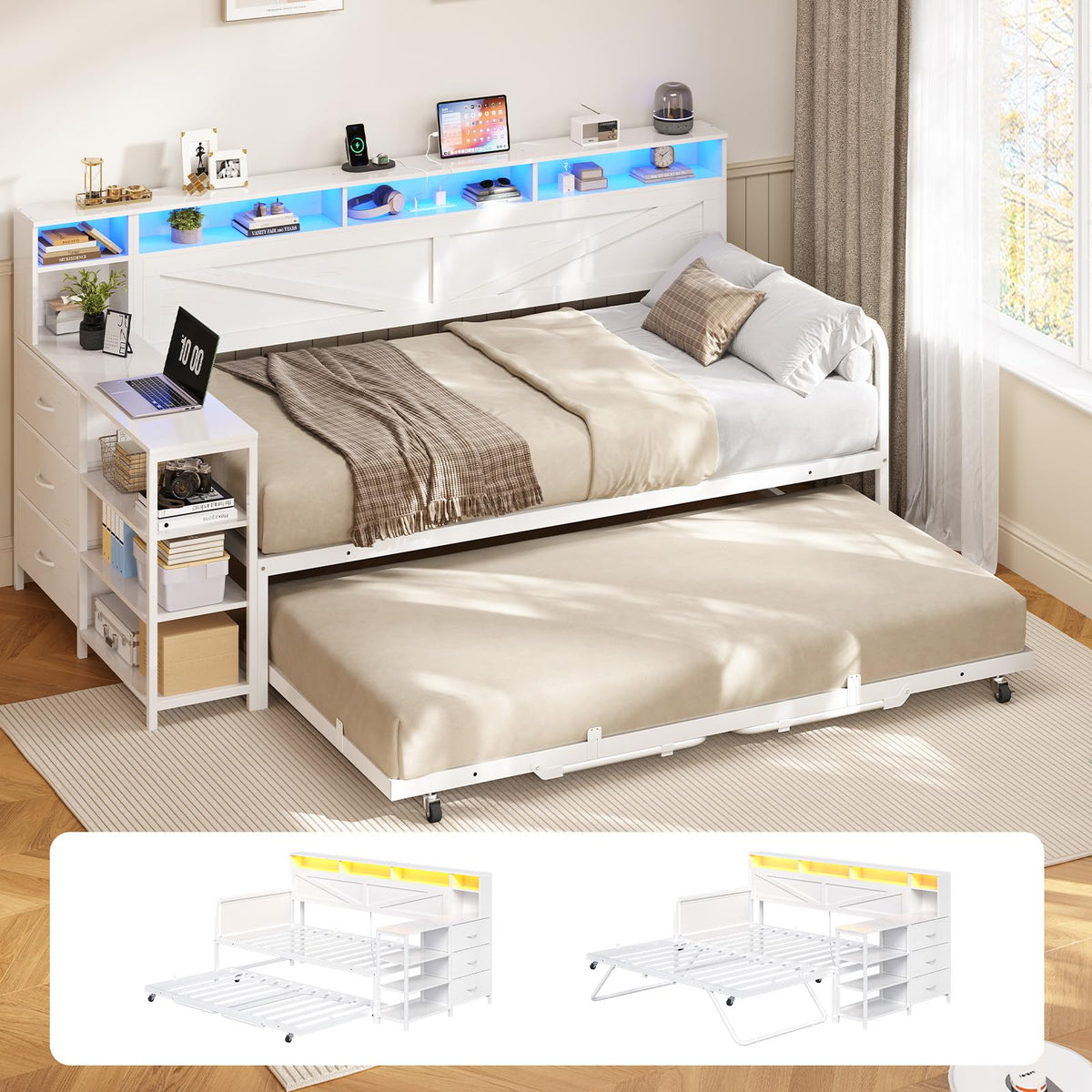 White Wood Daybed with Trundle and 3 Storage Drawers F495