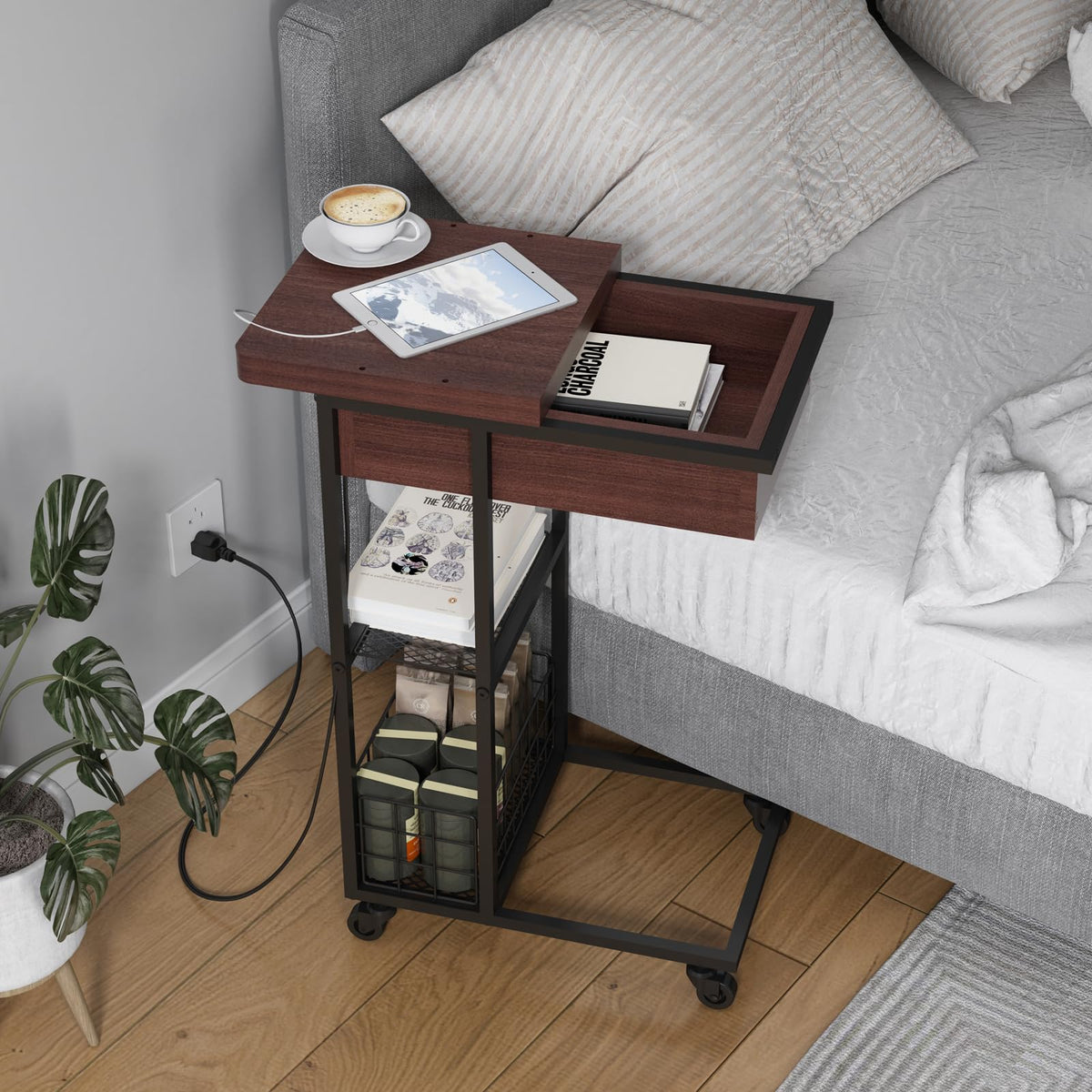 C Shaped End Table with Charging Station L55094