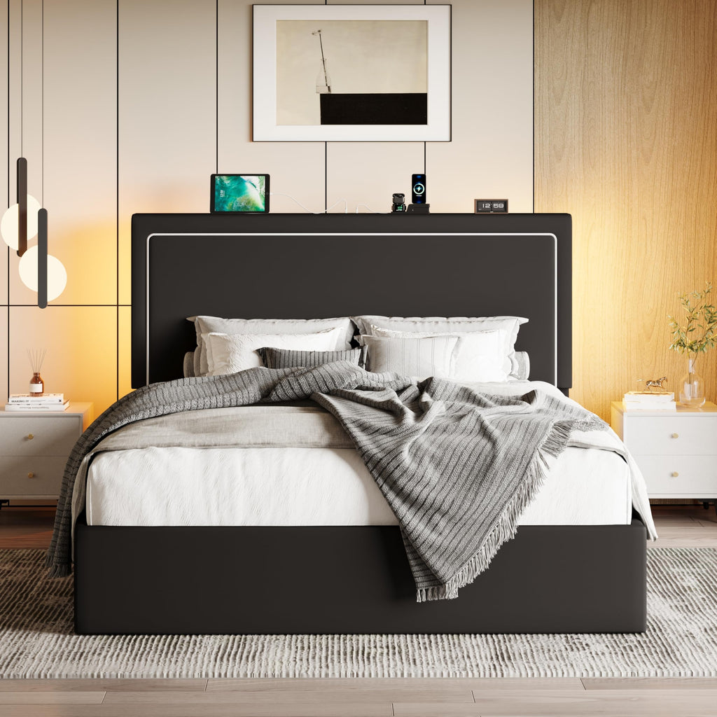 Full Size Lift Up Storage Bed Frame with LED Lights, Black V480069