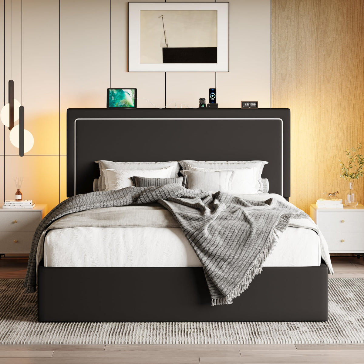 Full Size Lift Up Storage Bed Frame with LED Lights, Black V480069