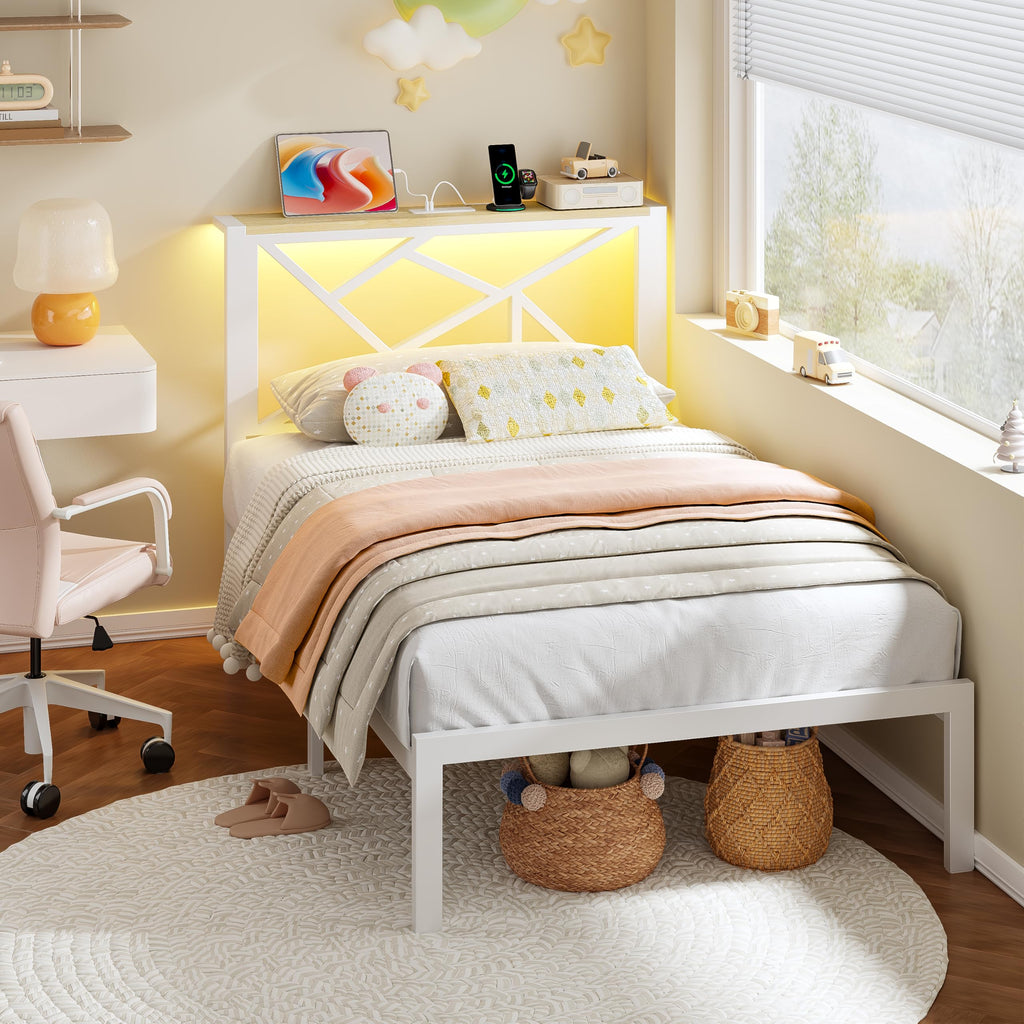 White Twin Metal Bed Frame with USB Charging Station Y39505