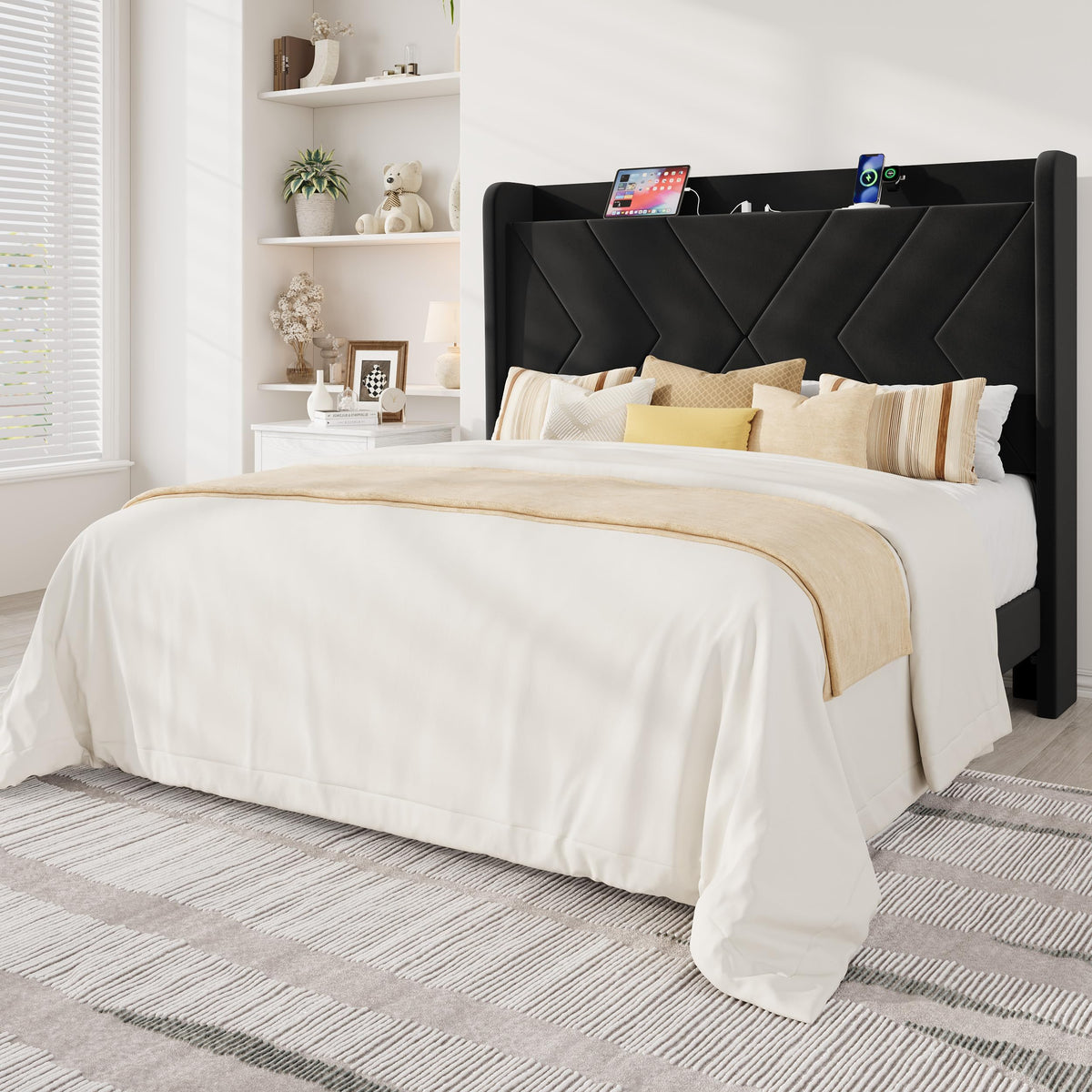 Queen Size Black Velvet Bed Frame with Charging and Shelf O75894