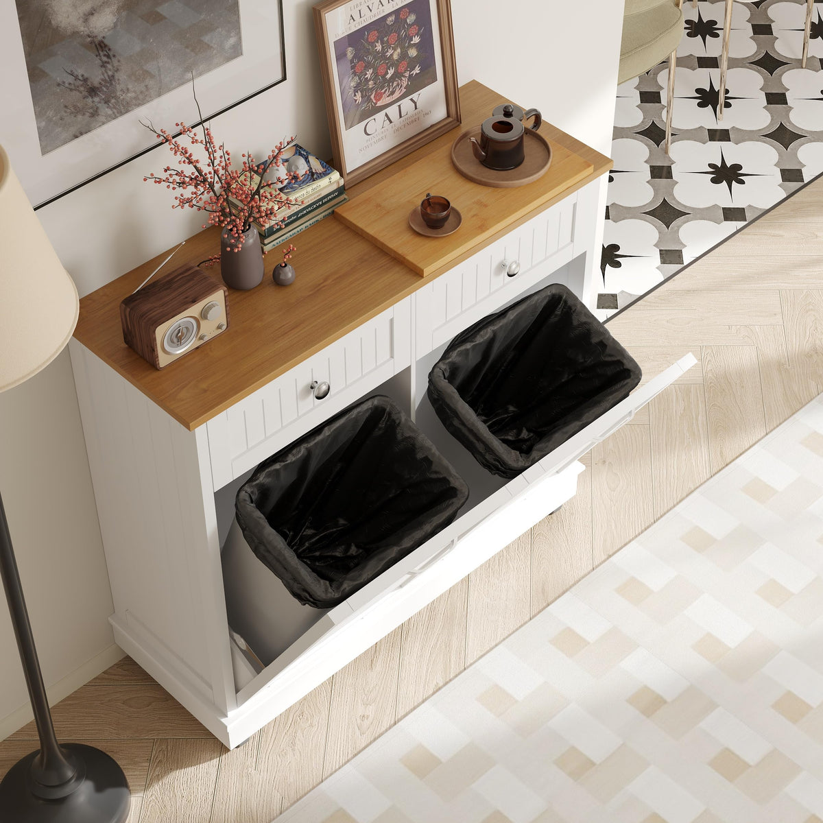 20 Gallon Wooden Tilt-Out Trash Can Cabinet with 2 Drawers, White F29779