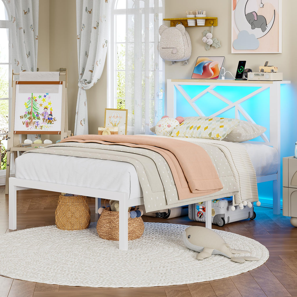 White Twin Metal Bed Frame with USB Charging Station Y39505