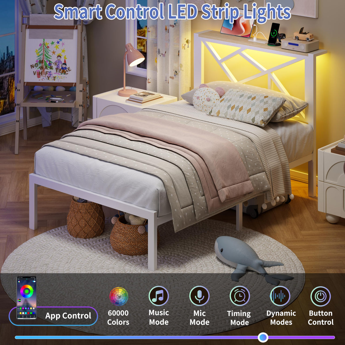 White Twin Metal Bed Frame with USB Charging Station Y39505
