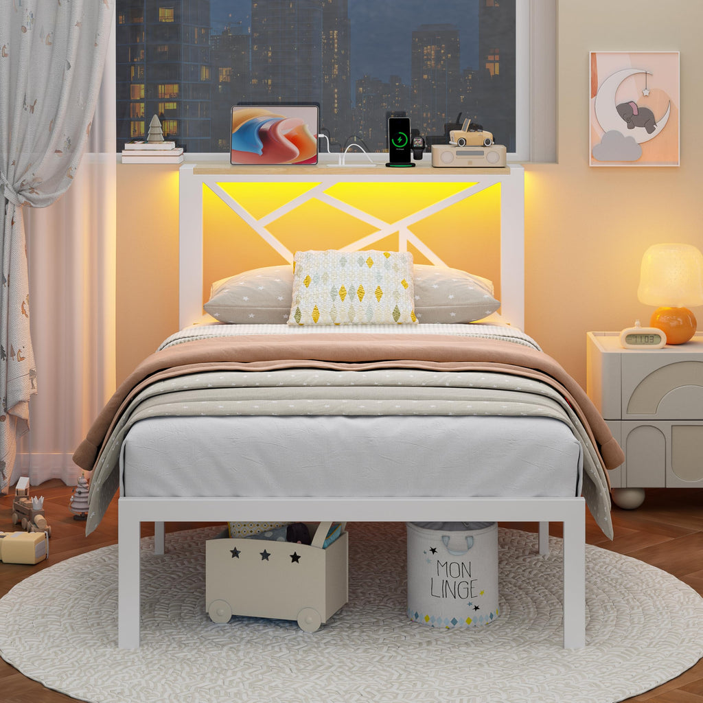White Twin Metal Bed Frame with USB Charging Station Y39505