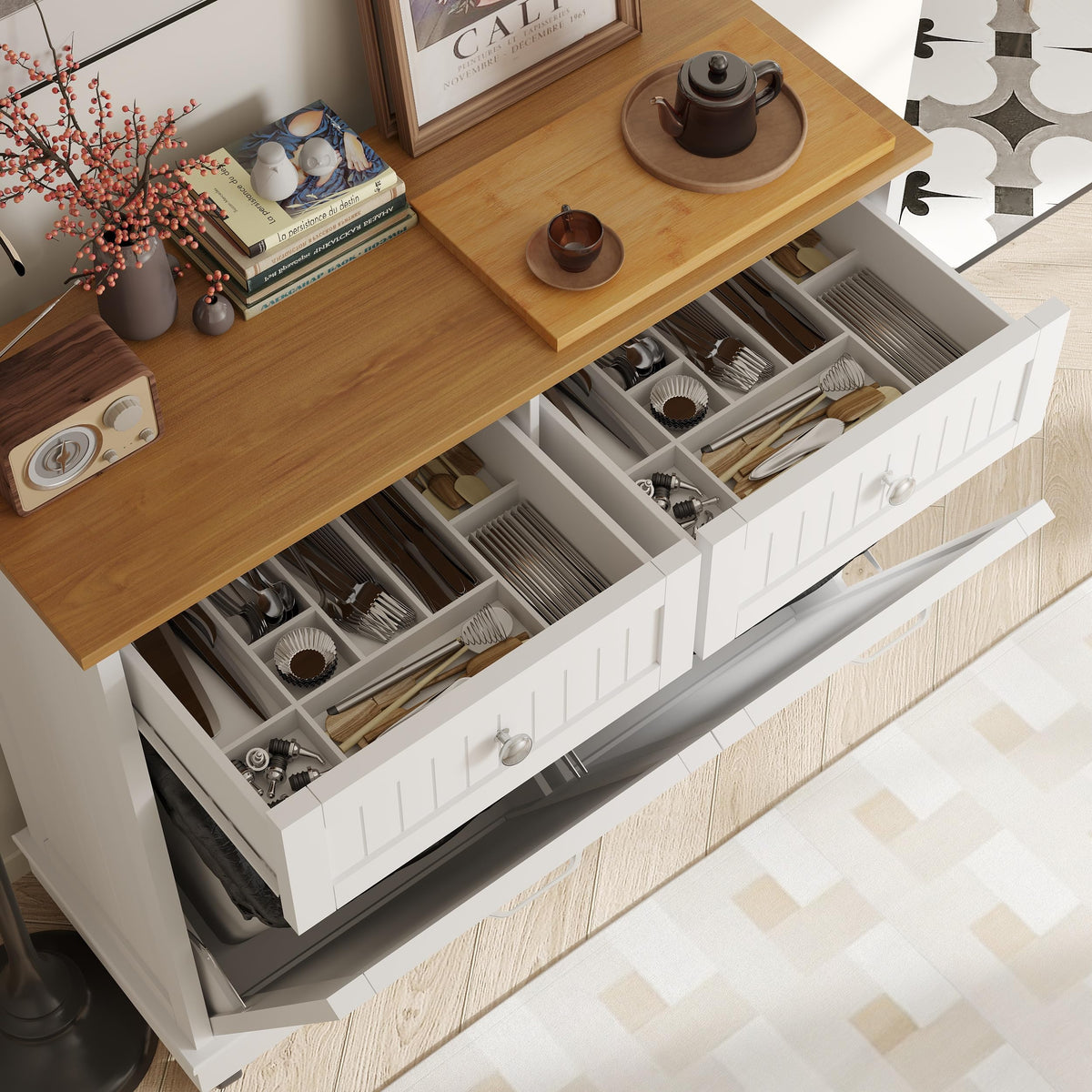 20 Gallon Wooden Tilt-Out Trash Can Cabinet with 2 Drawers, White F29779